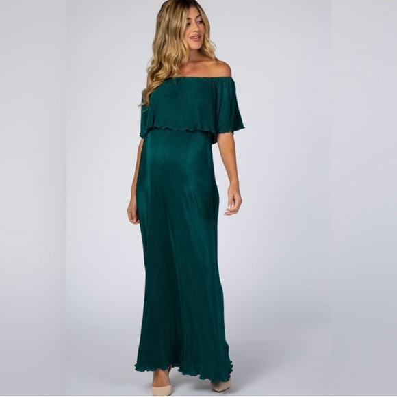 Pinkblush emerald green ribbed satin texture off the shoulder maxi dress nwot - Picture 1 of 4
